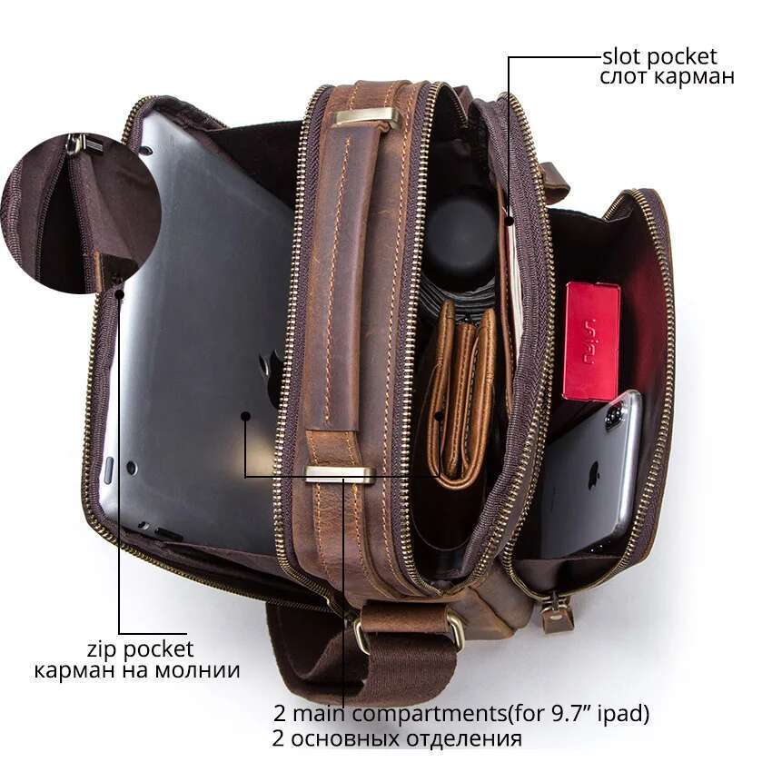 Contact's Crazy Horse Leather Men's Shoulder Vintage Messenger Men Bolsos Male Crossbody Bags Man's Handbag Sling Bag