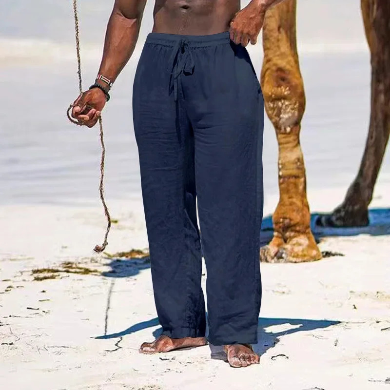 Mens Cotton Linen Pants Casual Loose Straight Lightweight Drawstring Beach Trousers 250515