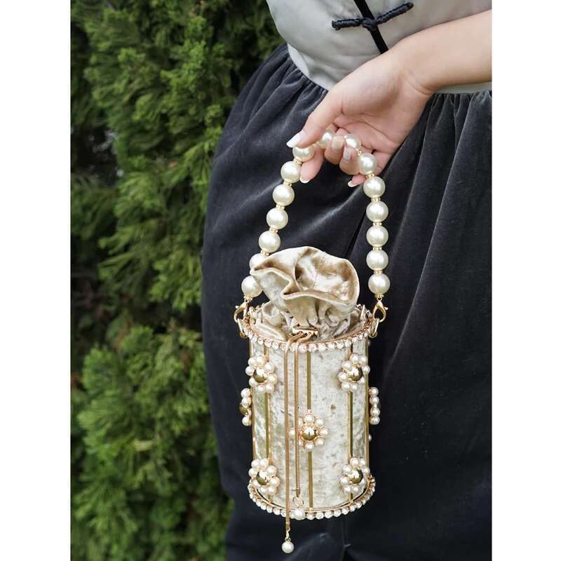 Hollow Out Pearl Bucket Evening Women Top Handle Dia Handmade Alloy Metallic Clutch Bag Ladies Shoulder Bags