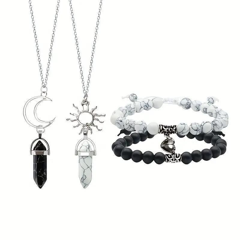 8Pcs Natural Stone Magnet Heart Sun & Moon Lover Bracelet and Necklace