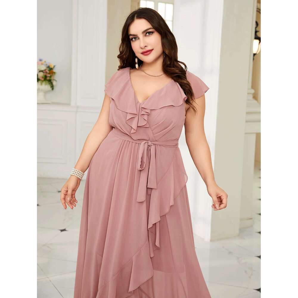 Unithorse Plus Size Women Summer Asymmetric Ruffle Lace With Waist Belt Elegant Chiffon Formal Bridesmaid Dress