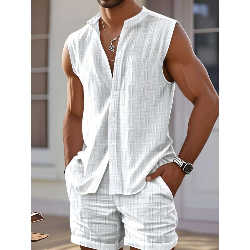2025 summer new men's casual sports vest shirt fashion loose comfortable outdoor sleeveless shorts beach two sets
