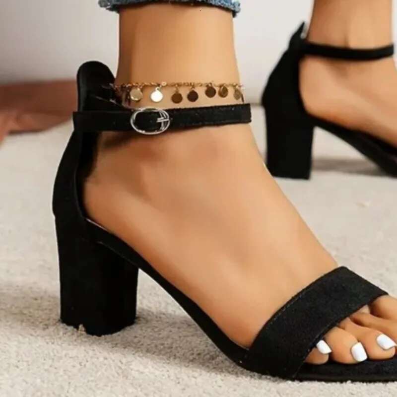 Sexy Pumps for Women High Heels Open Toe Suede Thick Heel Bridal Party Shoes Ladies Buckle Strap Gladiator Sandals 35-42 Black