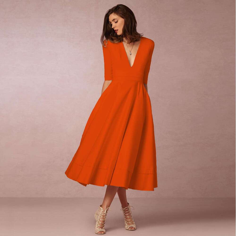White Dress Maxi Dress 2024 New Women's Evening Sexy Deep V Mid Sleeves Large Hem Dress KQ