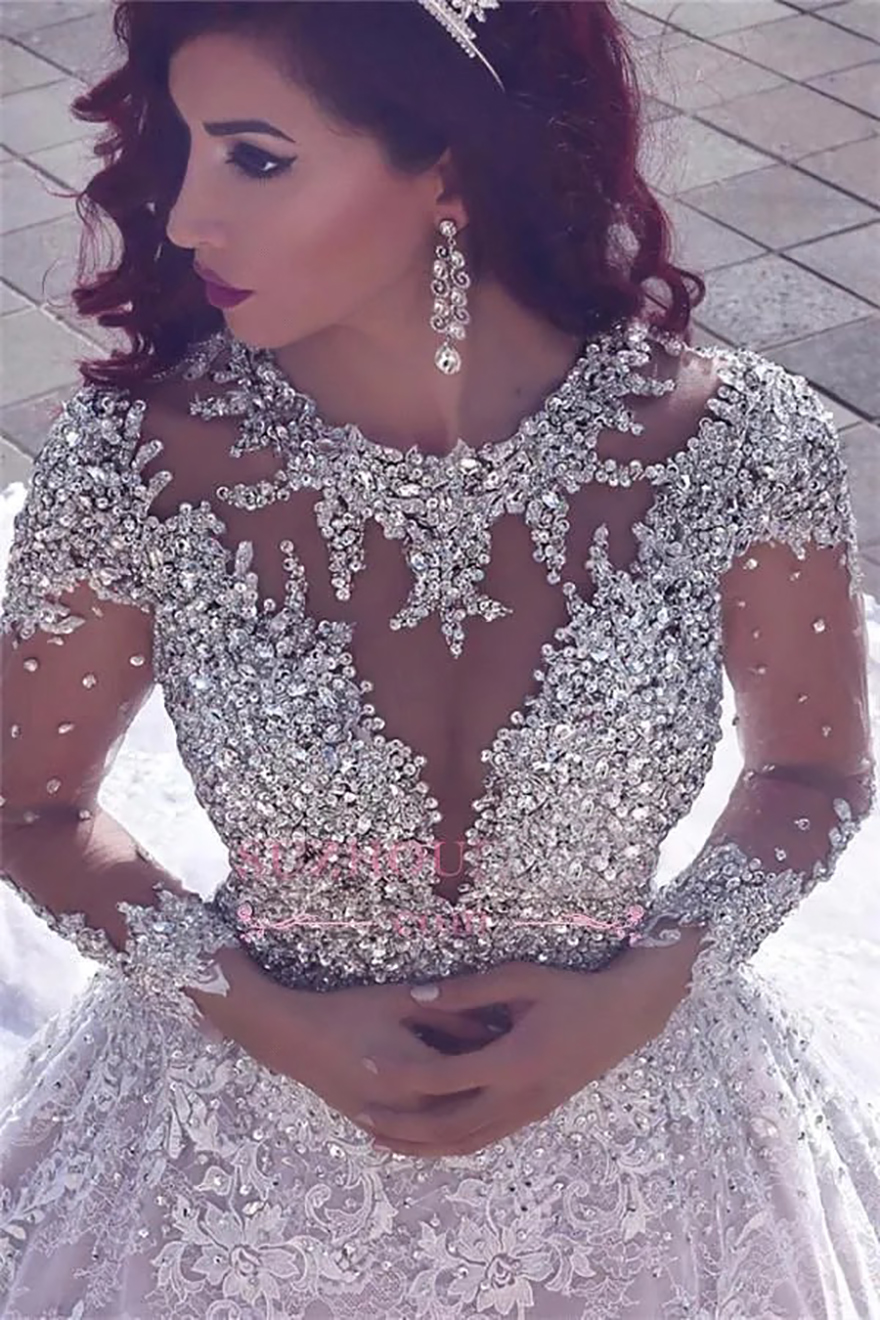 Luxury O-neck Long Sleeves Lace Ball Gown Wedding Dresses Arabic Beaded Crystals Vestidos De Noiva Wedding Gowns Robe De Mariage