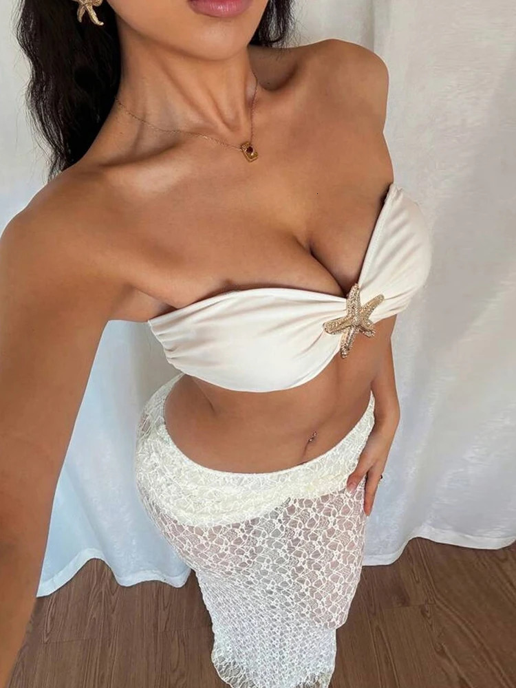 Weird Puss Starfish Metal Women 2 Piece Set Summer Vacation Beach Jacquard Strapless TopsSkirt Elegant Matching Clubwear Suit 250515