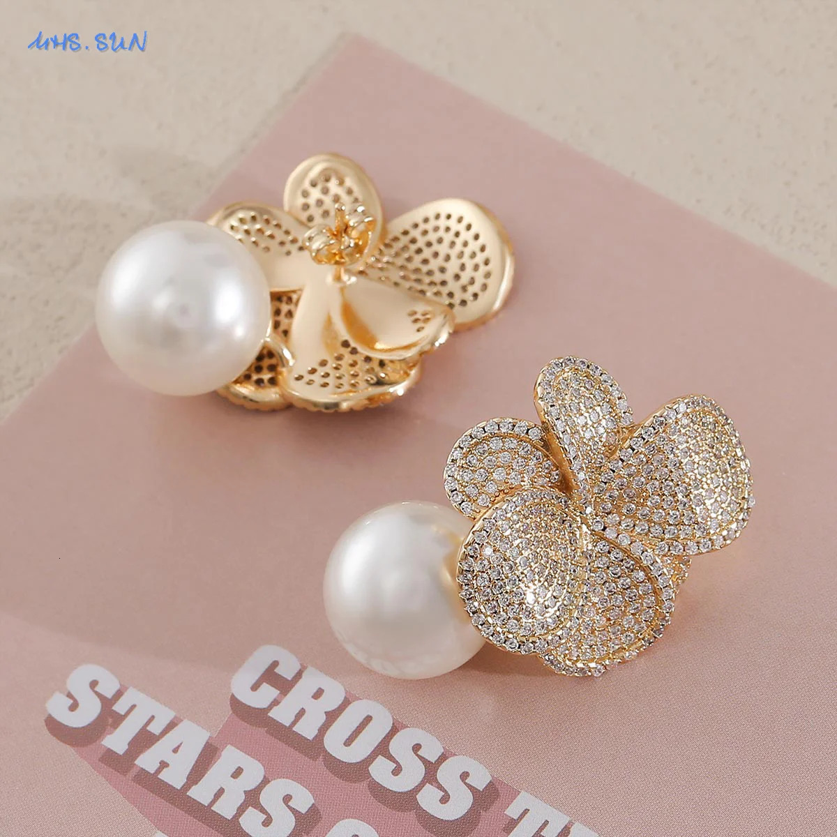 MHS.SUN Imitation Pearl Flower Earrings Women Inlaid Sparkling CZ Zircon Fashion Wedding Prom Party Jewelry Gifts 250515