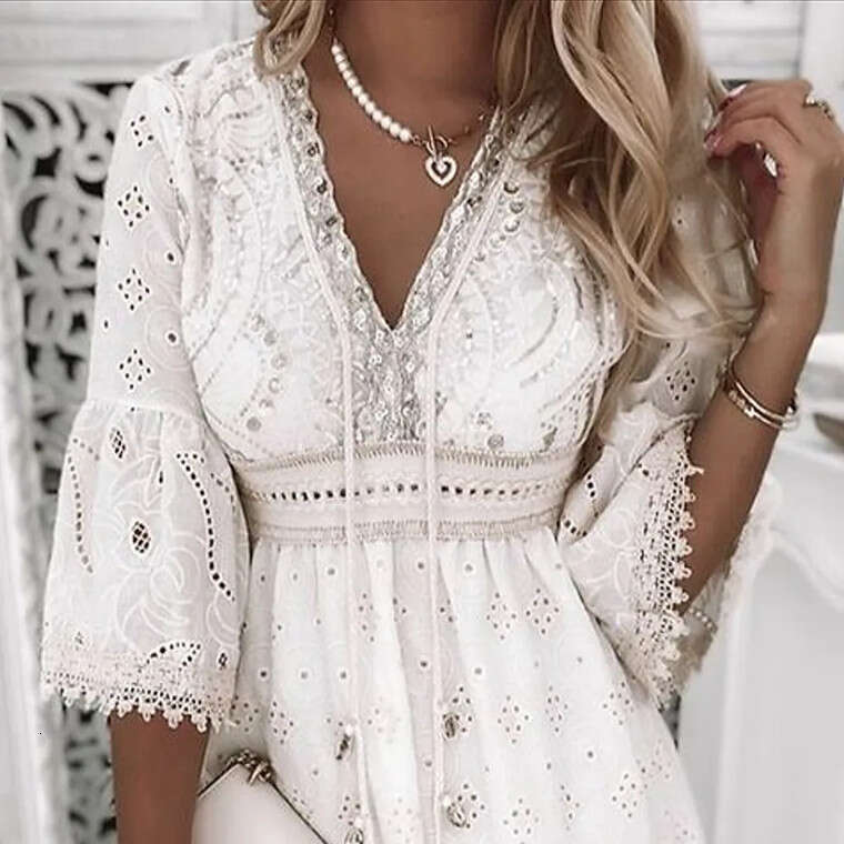White Dress Maxi Dress Women's Clothing New Hot Selling V-Neck White Hollow Tassel Embroidered Dress KQ