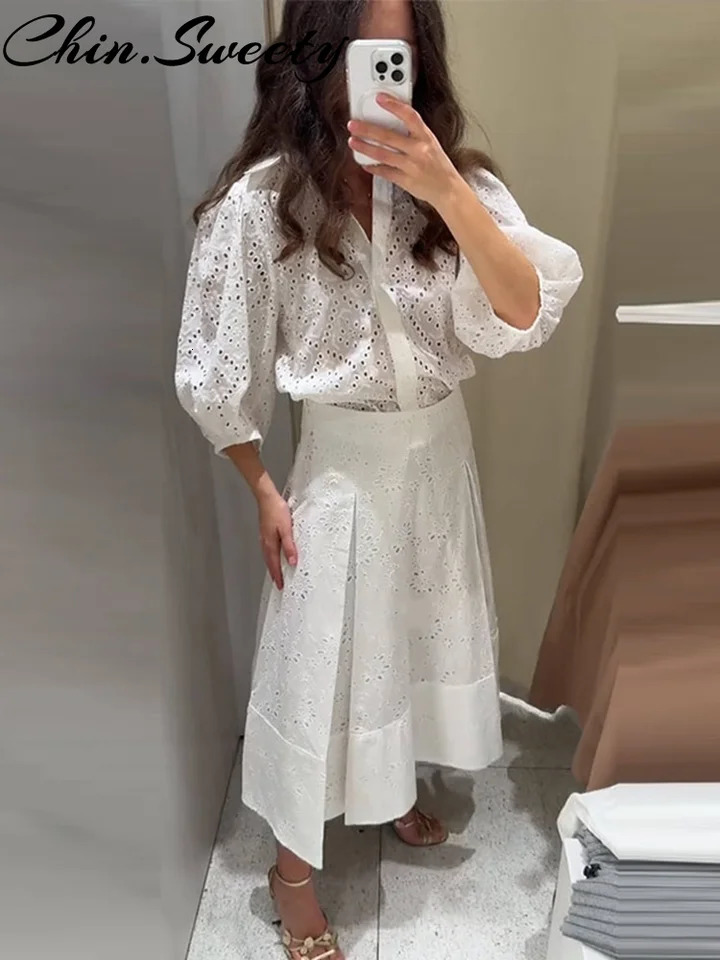 Casual White Shirt Skirt Women Outfit y Three Sleeve Top Patchwork Zippers Pleated Skirts Summer Elegant Lady Set 250515