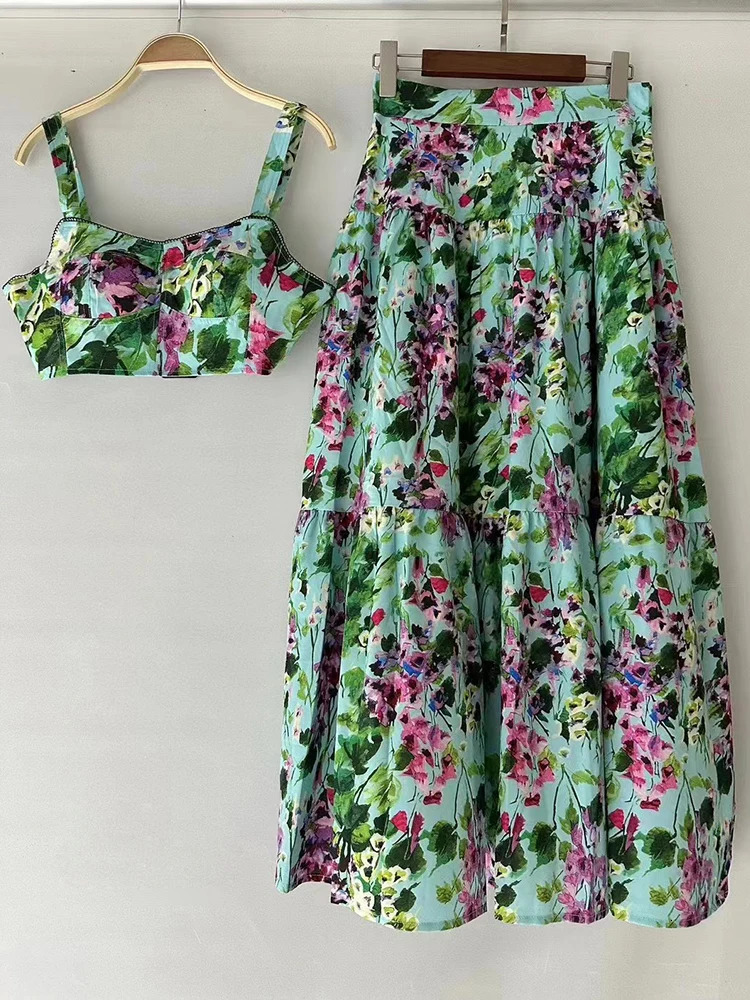 summer womens retro geometric print sexy suspender strapless top twopiece setelastic waist loose skirt fashion set 250515