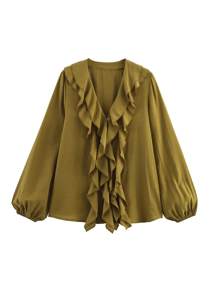Womens Clothing European and American Style Loose Layered Decoration Puffy Long Sleeve VNeck Shirt 250515