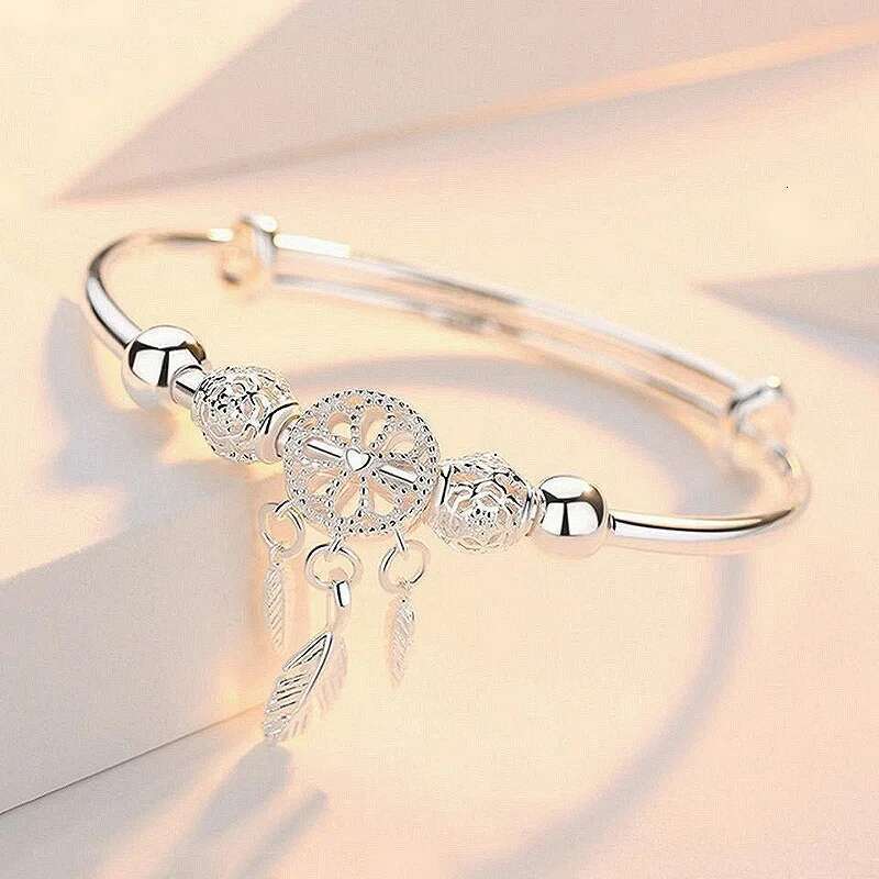 Sterling Sier Bracelets For Women Adjustable Bangle Dreamcatcher Tassel Feather Round Bead Charm Bracelet Wedding Jewelry