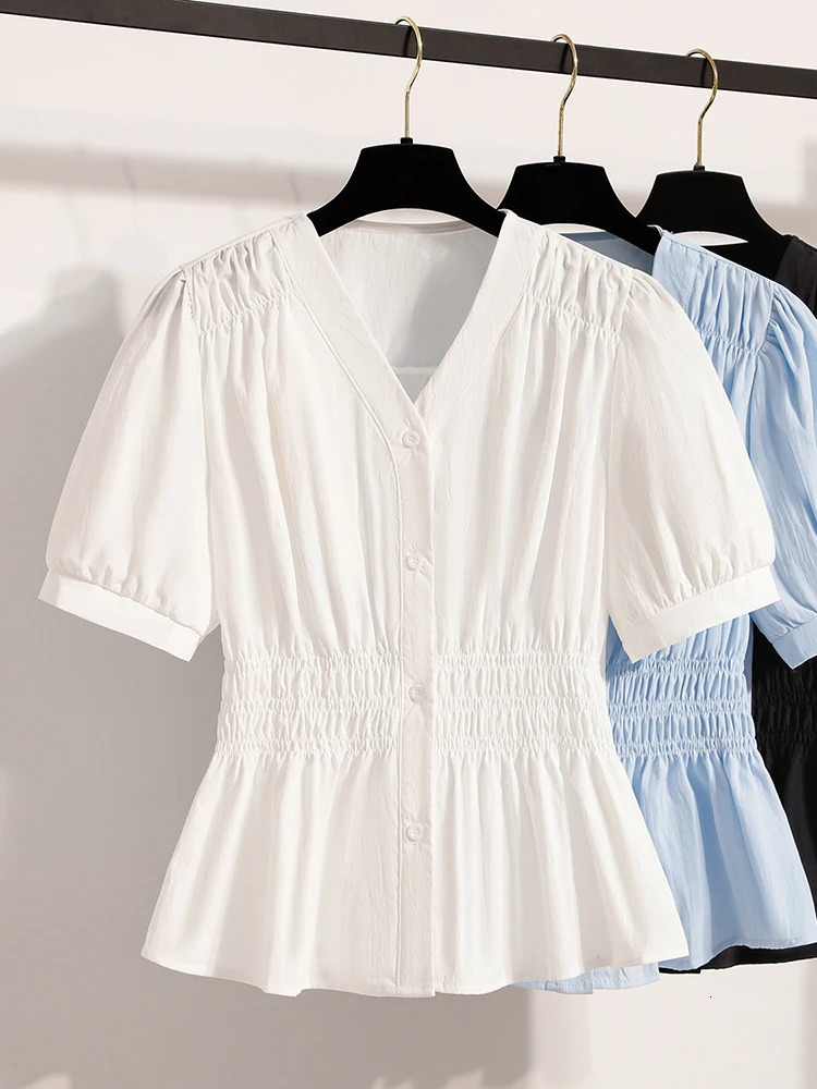 Plus Size Chiffon Blouse Women Summer Fashionable V Neck Short Sleeve Big Tops Elastic Waist Shirts Blouses 250515