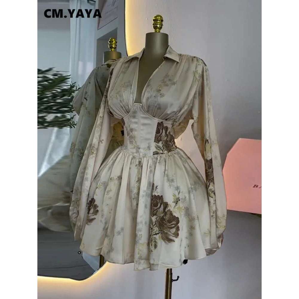 Women V-neck Long Sleeve Pleated Floral Print Mini Dress Backless Elegant Birthday Beach Night Party Vestidos Dresses