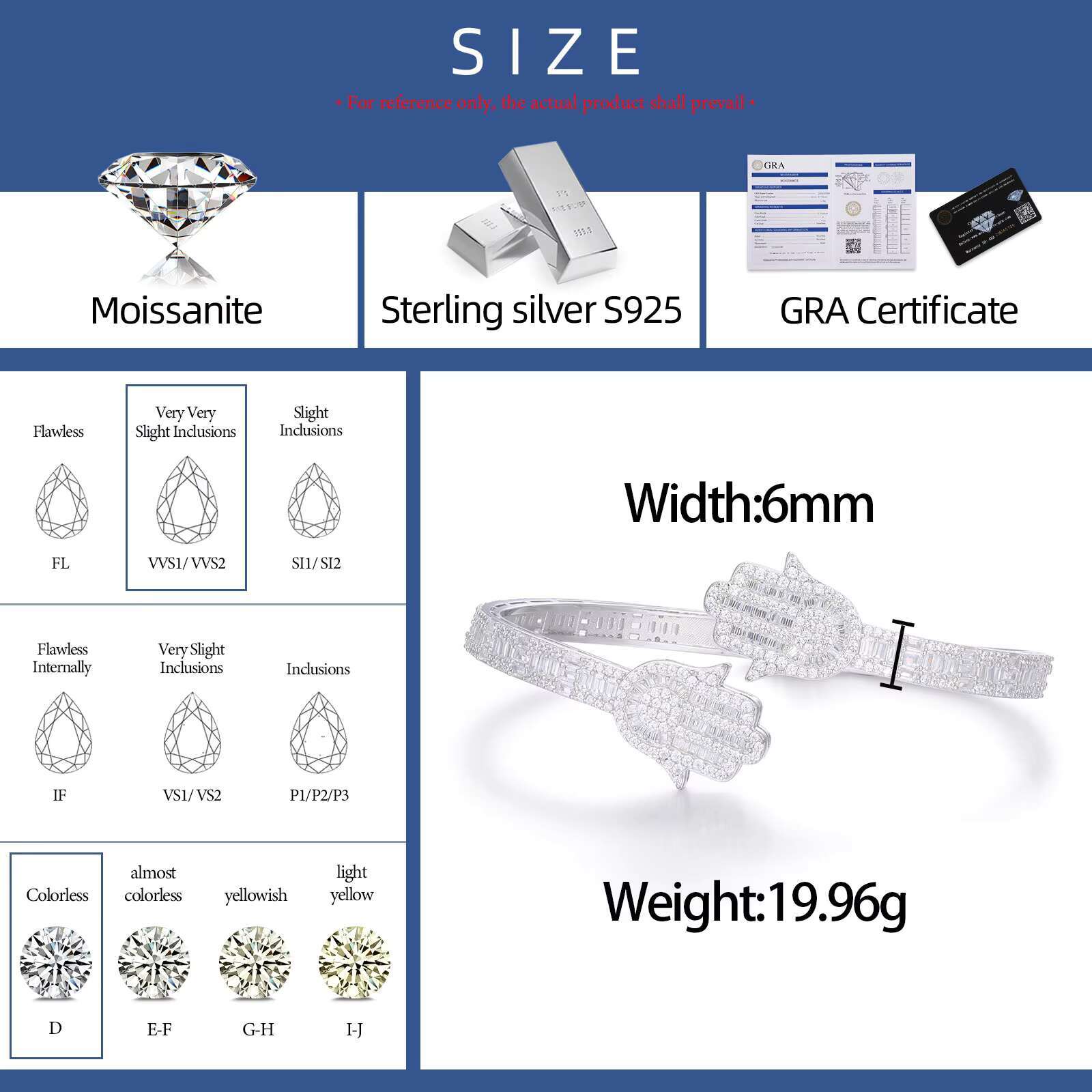 Wholesale Jewelry Women Men White Gold 925 Sterling Silver Baguette Moissanite Diamond Iced Out Hamsa Hand Bangle Bracelet