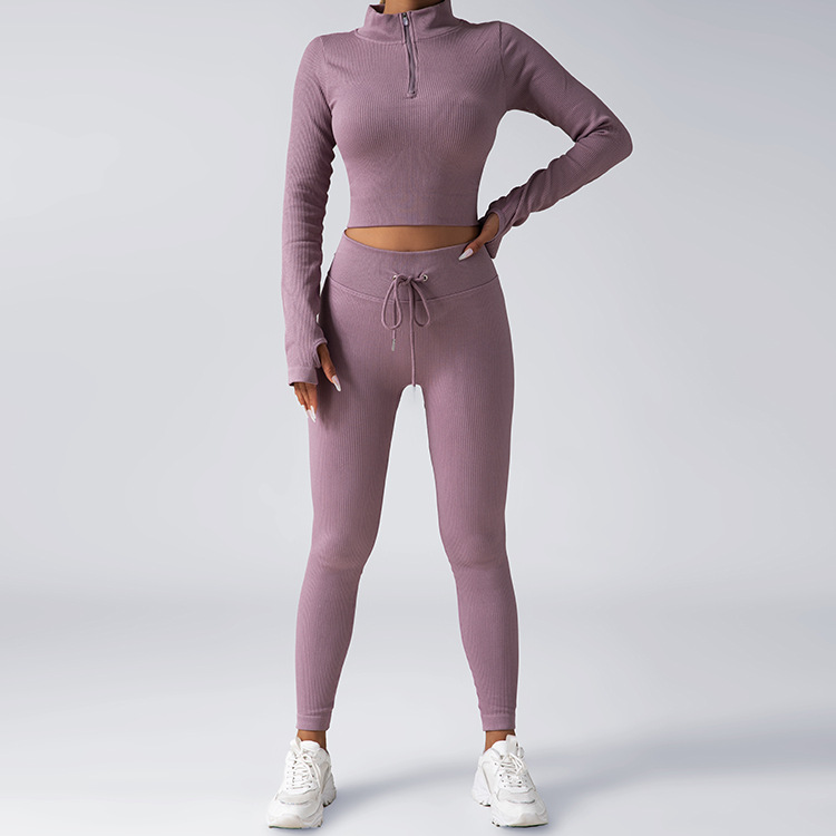 Solid color fashion hot style zipper fitness long sleeve drawstring sports slim high elastic trousers two-piece yoga suit for women