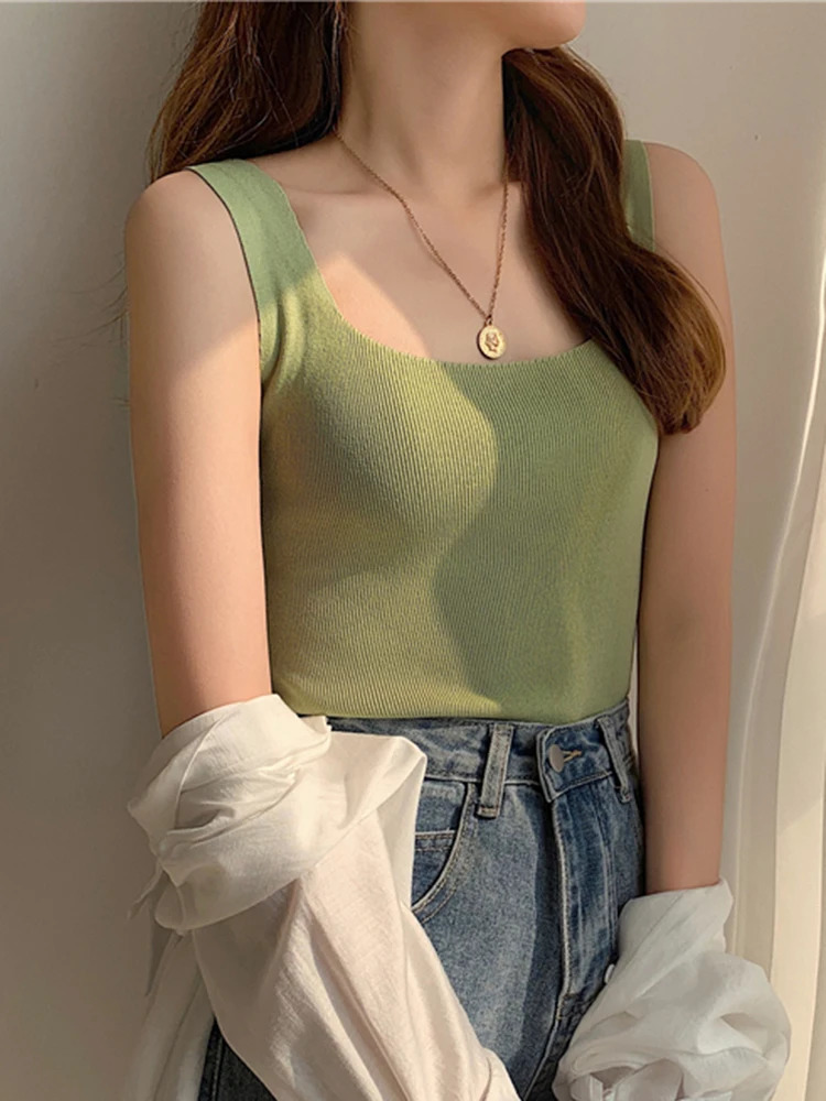 2025 summer knitted top collar basic shirt white black casual sports vest shoulder green womens 250506