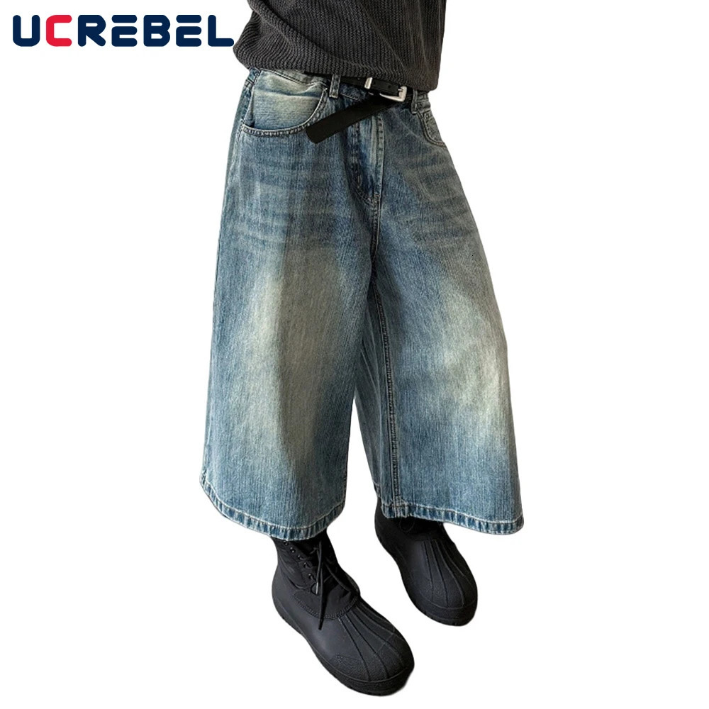 Bamboo Pattern Denim Cropped Trousers Mens Retro High Street Loose Wide Leg Pocket Short Jeans Men 250515
