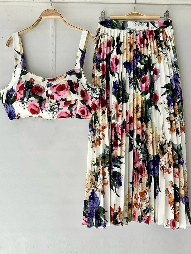 summer womens retro printed sexy suspender strapless twopiece sethigh waist loose pleated skirt fashion set 250515