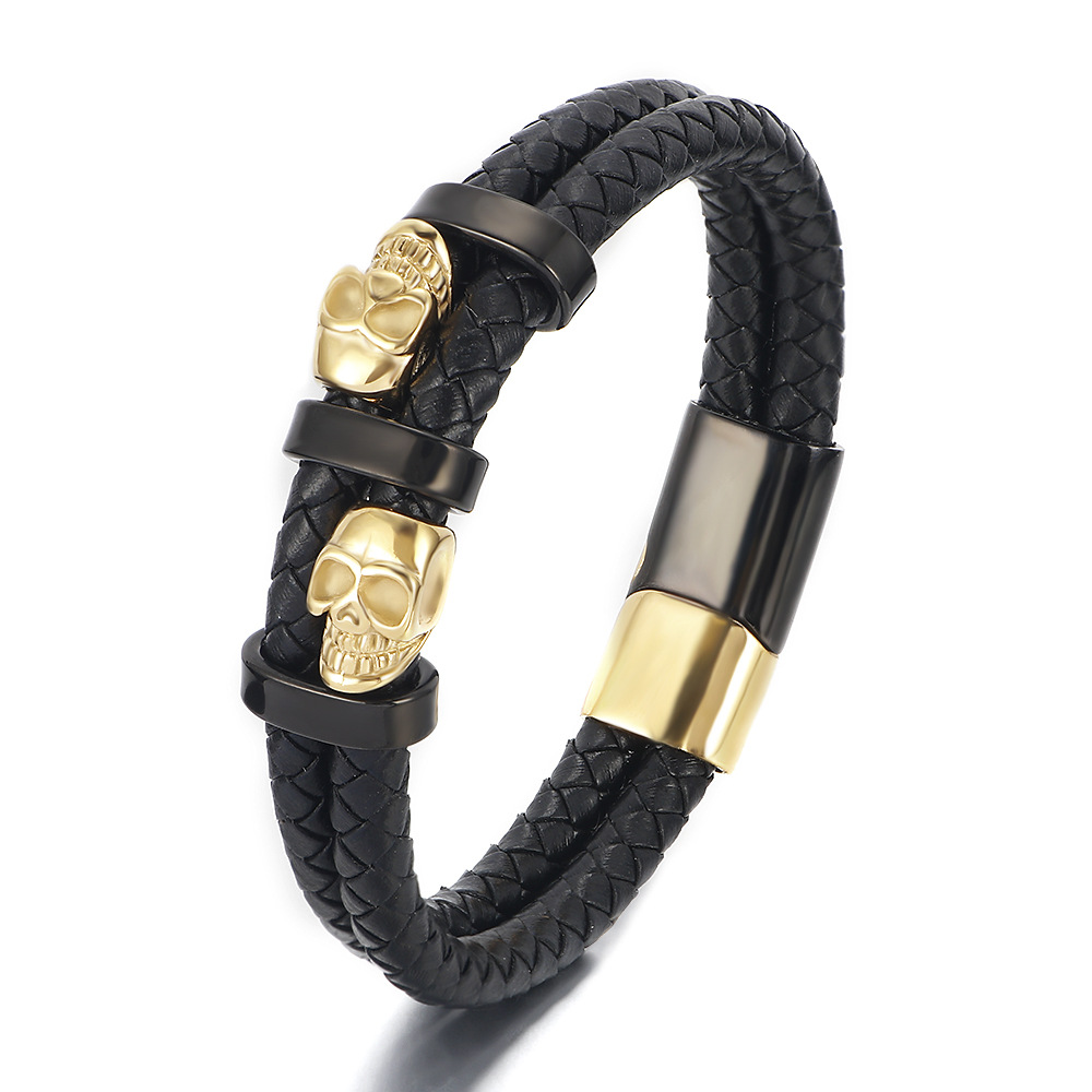 European/American Aesthetic Unisex Skeletal Motif Braid Bracelets Made from High-Quality Metal and Premium Leather