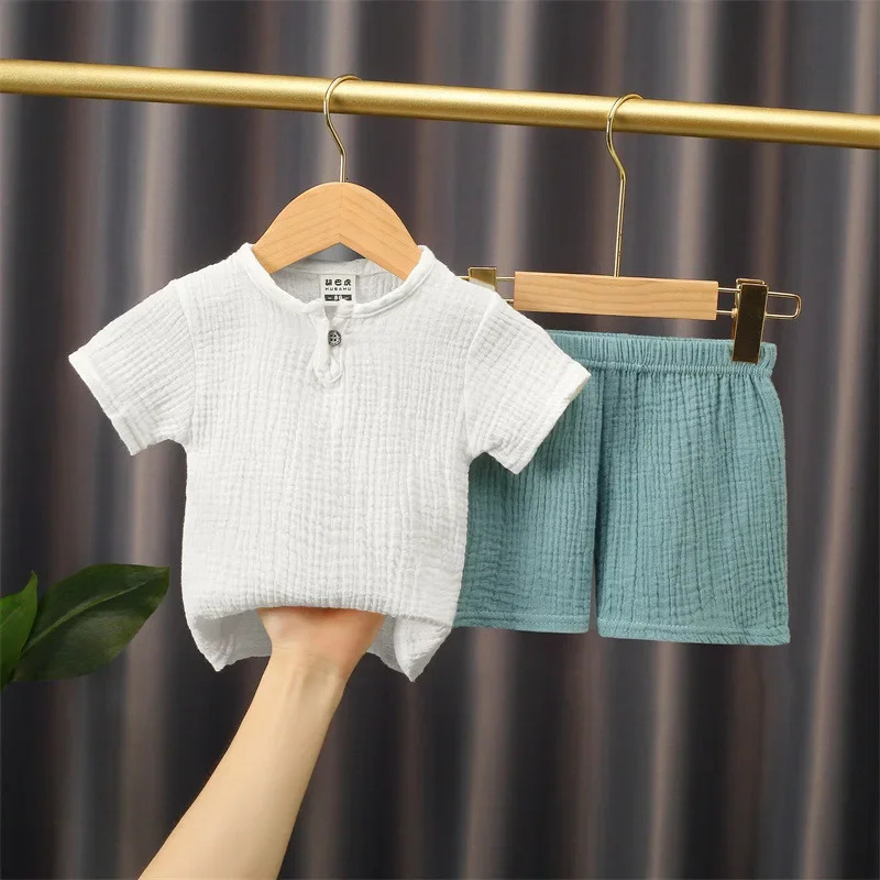 0-5Y Boys Girls Clothing Sets Summer Solid Cotton Linen T-shirtsElasctic Shorts Kids Clothes Casual Clothing Sets for Children 250515