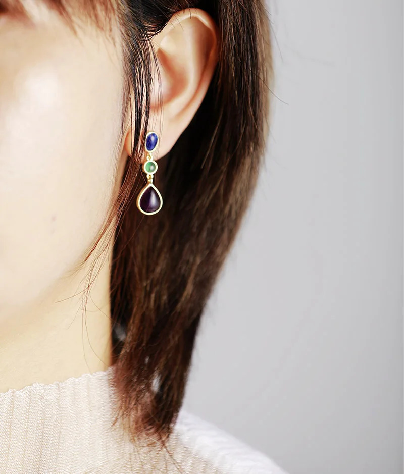 Classy Women Gold Plated Amethysts Lapis Stones Dangling Stud Earrings Party Bold Art Dec Jewelry Bijoux Wholesale 250515