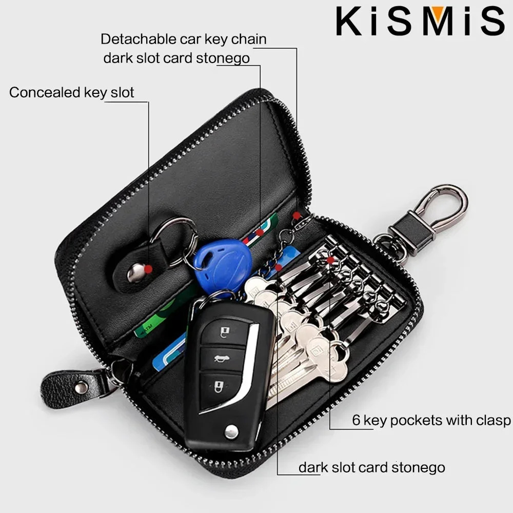 KISMIS Key Case with Car Keychain and Holder Leather Organiser with 6 Keyrings Banknotes Wallet 3 Card Slots for Men and Women 250515