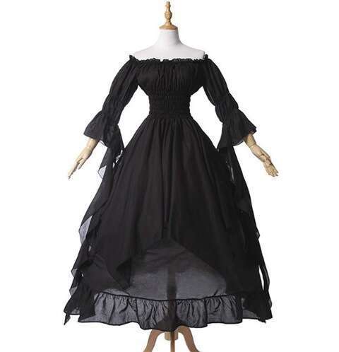 White Dress Maxi Dress Gorgeous Lace Flare Sleeves Gothic Cosplay Prom Princess Dress KQ