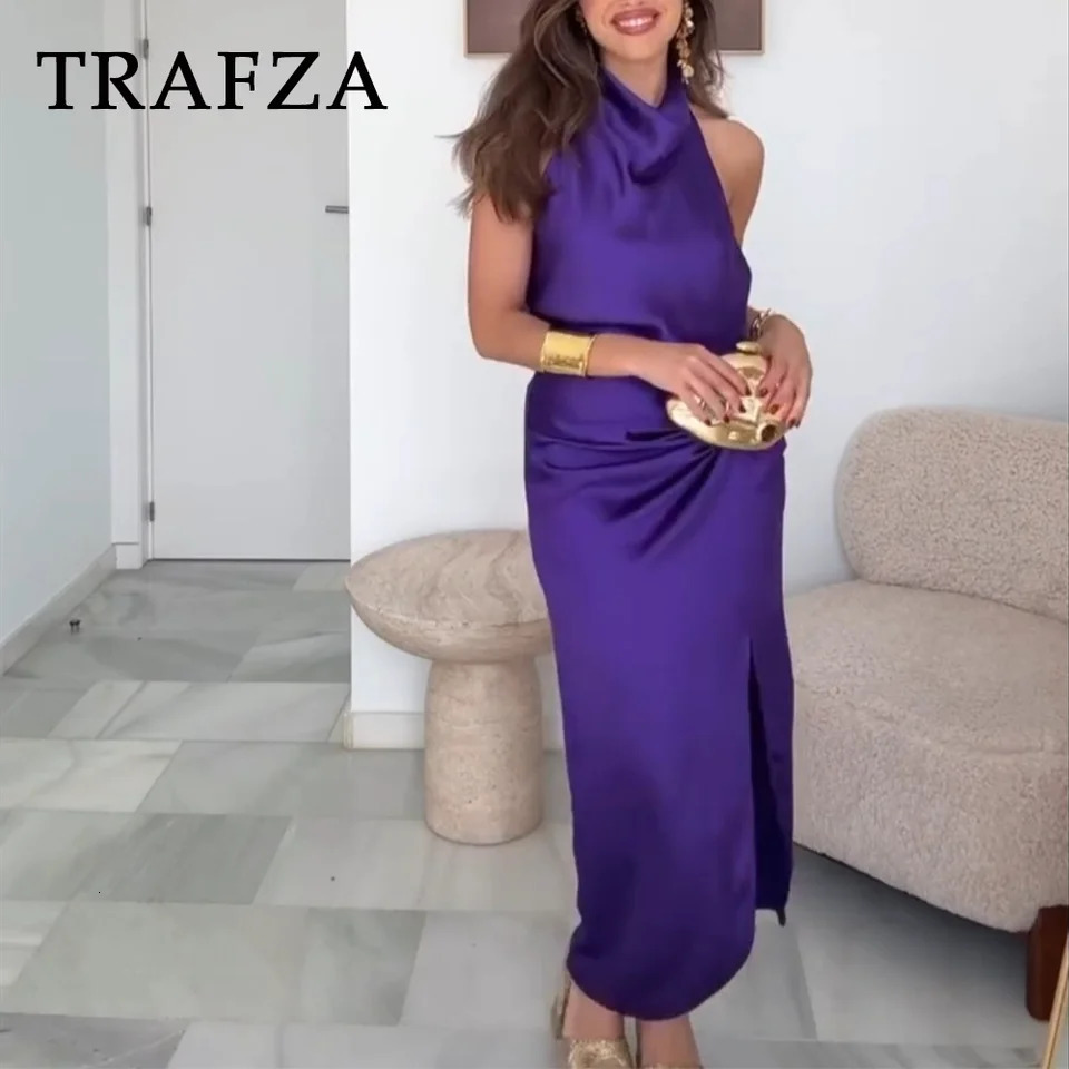 TRAFZA Spring Summer Casual Satin Women Solid Suits Fashion Backless Sleeveless Halter Short Tops Chic Zipper Long Skirts 250515
