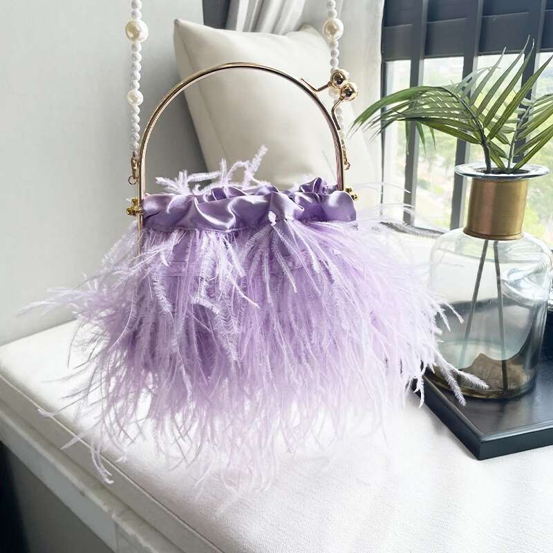 Fashion Ostrich Feather Clutch Tote Wedding Handbag Metal Handle Party Evening Fur Shoulder Crossbody Bag