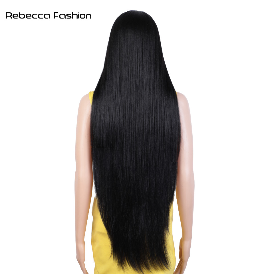 Rebecca Fashion Straight Synthetic Lace Front For Women 36 Inch Long Natural Black Lace Frontal Wigs Cosplay Wig