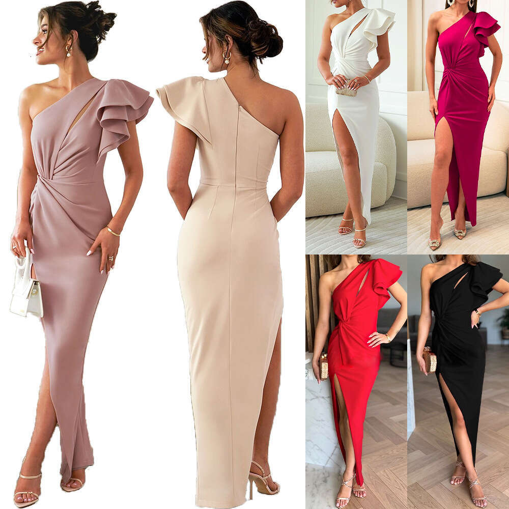 Women's oblique shoulder hollow lotus leaf sleeves solid color slit dress 8082