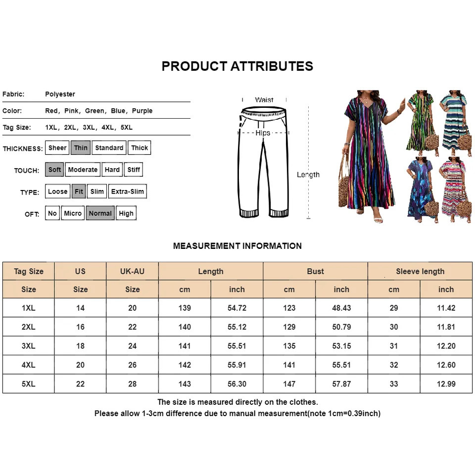 Womens Dresses Plus Size Casual Loose Rainbow Stripe Printed V-neck Dress Fashion Short Sleeve Pullover Female Party Dress 250515