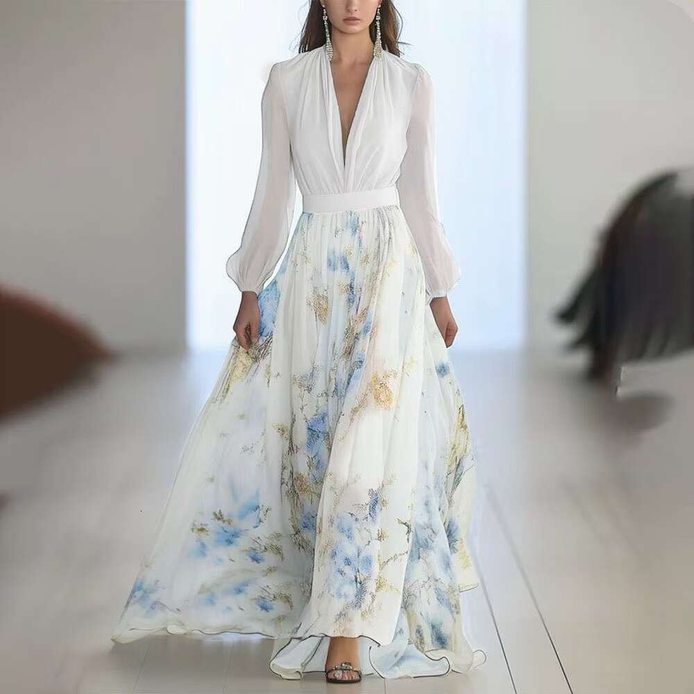 2025 women's digital printed sleeved V-neck patchwork long skirt dress