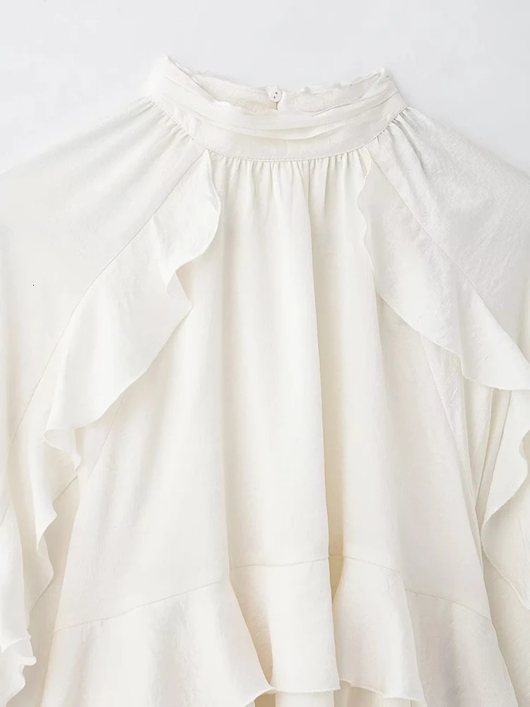 TRZA Womens Long Sleeve Ruffled Blouse Stand Collar Chic Fashion Top Elegant Female Shirt 250515