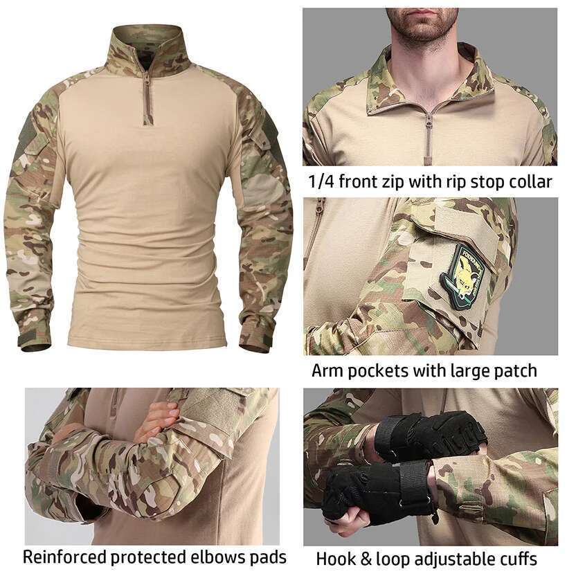 Men's Camouflage Tactical 1/4 Zip Long Sleeve Combat T Shirt Cotton Camo Uniform Airsoft Shirts