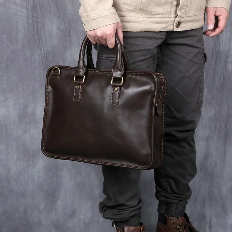 NZPJ Retro Men's Briefcase Leather Laptop Top Layer Cowhide Casual Handbag 14 Inch Business Shoulder Messenger Bag