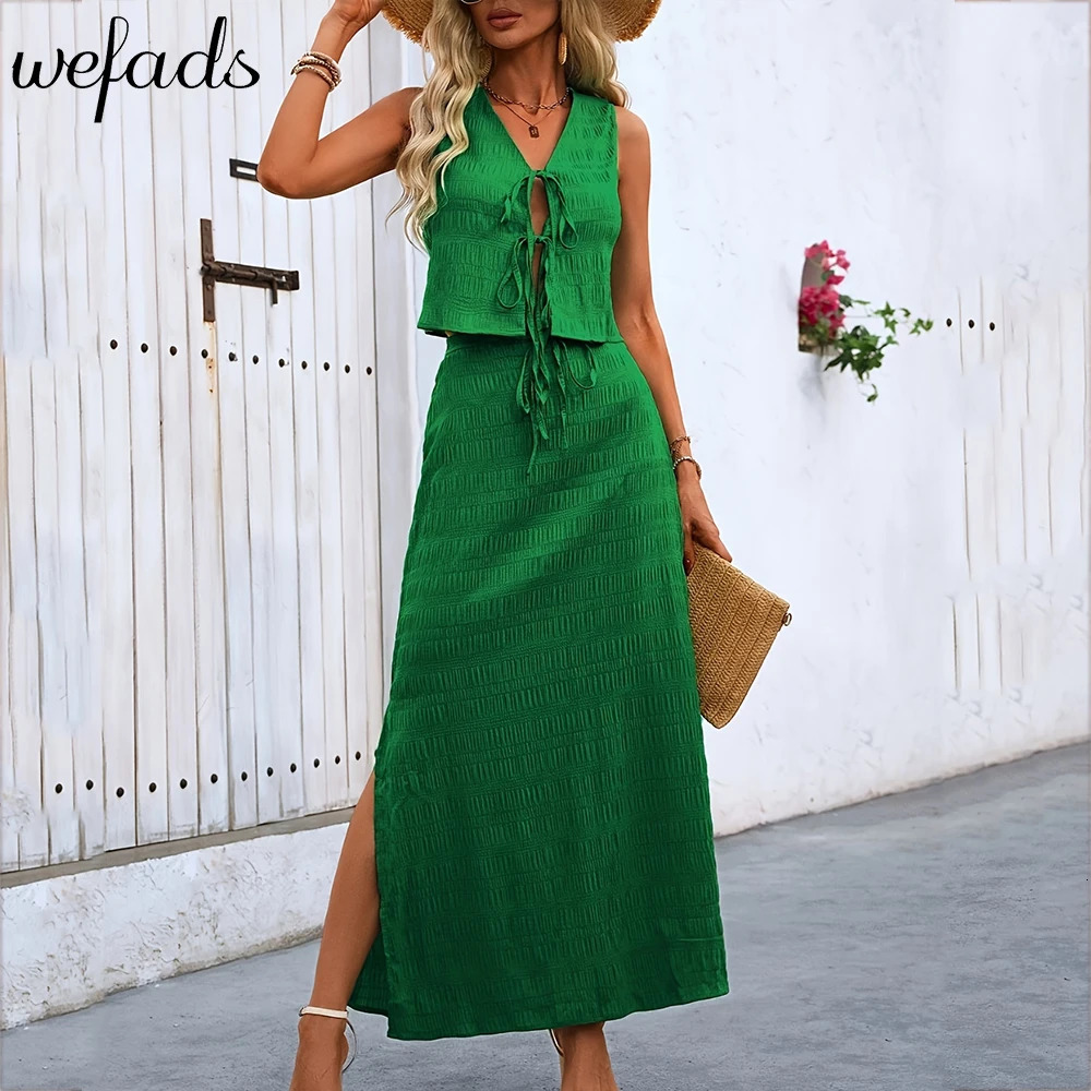 Wefads Casual Sleeveless Off Shoulder Solid Tank Top And Midi Skirt Fashion Womens Street Style 2pcs Set 250515