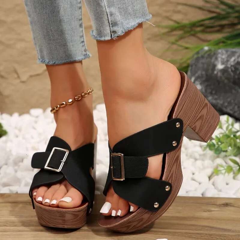 of Women British Style Rome Shoe Comfy Soft High Heels Summer Sandalias Metal Buckle Casual Slipper Wedge Platform Sandal