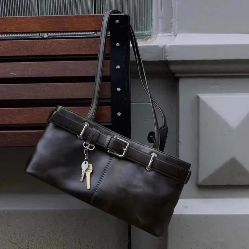 Vintage Belt Underarm Women Genuine Leather Key Buckle Punk Shoulder Bags 2025 High Street Girls Hangbags