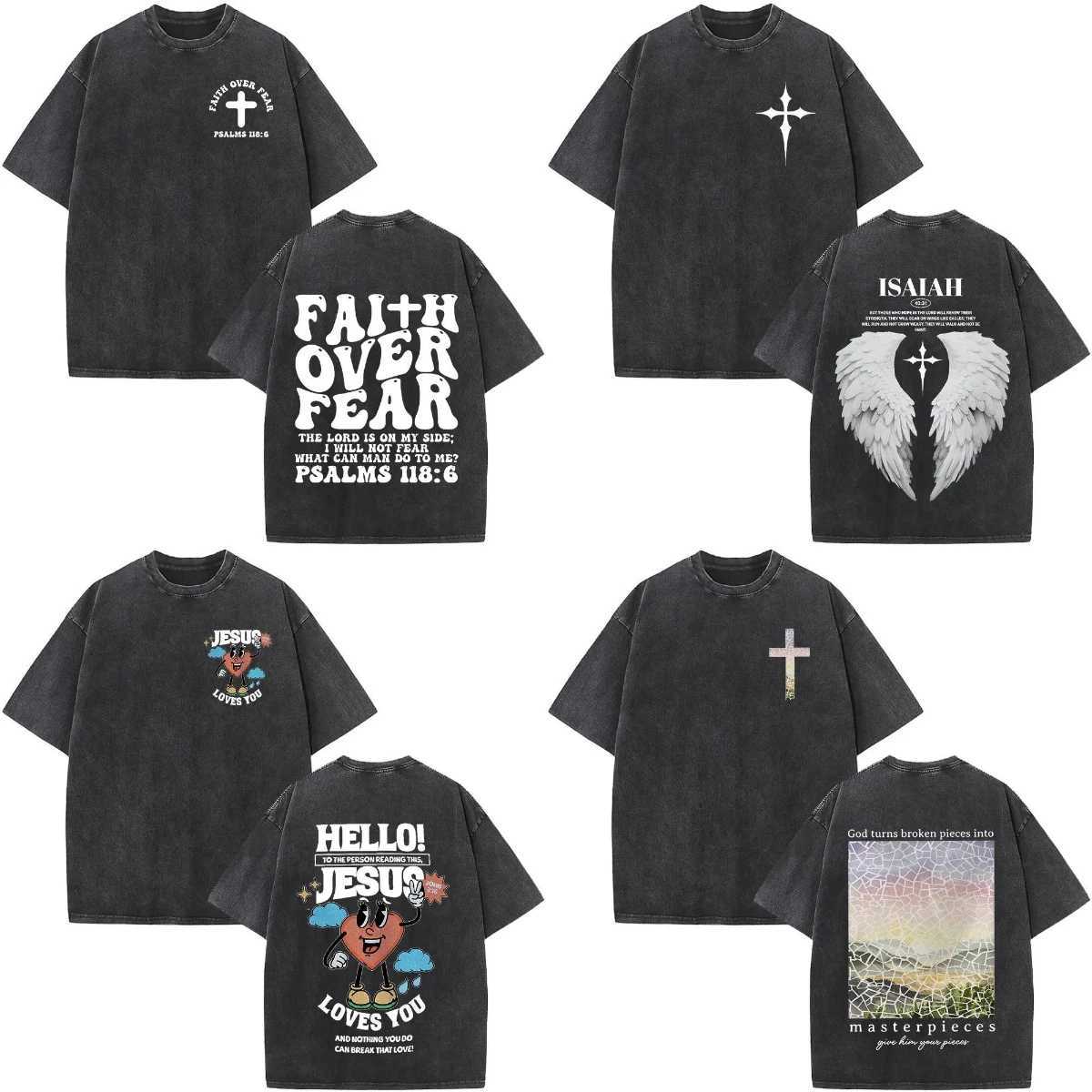 Womens Mens Retro Oversized Christian Jesus Faith Bible Scriptures Washed Harajuk Cotton T-shirt Z250417