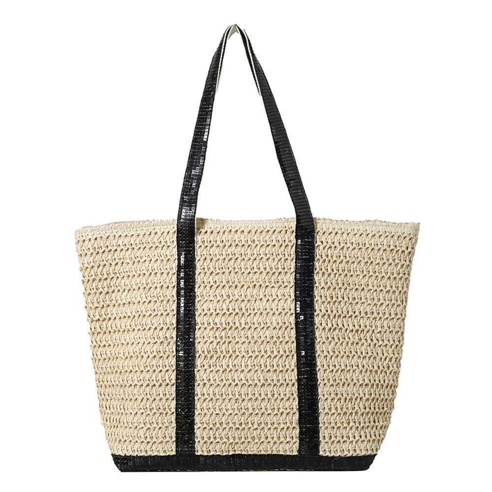 Women Boho Large Capacity Sequins Straw Tote Handbag Contrast Color Simple Shoulder Ladies Summer Daily Bag