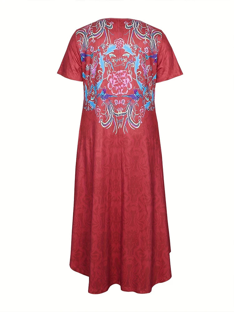 Plus size 2024 summer womens printed pattern round neck short sleeved dress loose casual long skirt 250506