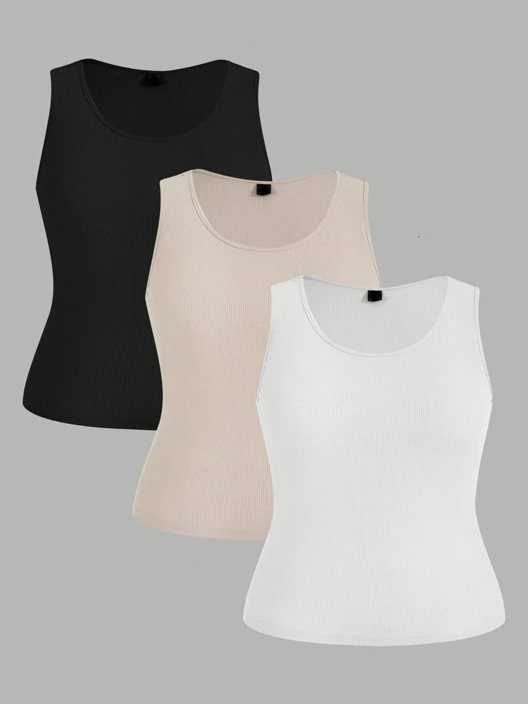 Plus Size Short Tank Top Womens Set Short Top Sleeveless Short Top Set of 3 Ribbed Knit Short Top Black White Brown 250515