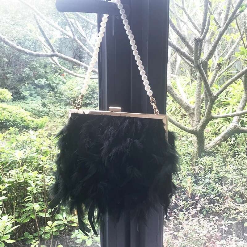 Fashion Turkey With Pearls Handles Handbag Clutch Designer Woman Faux Fur Crossbody Shoulder Feather Bridal Bag