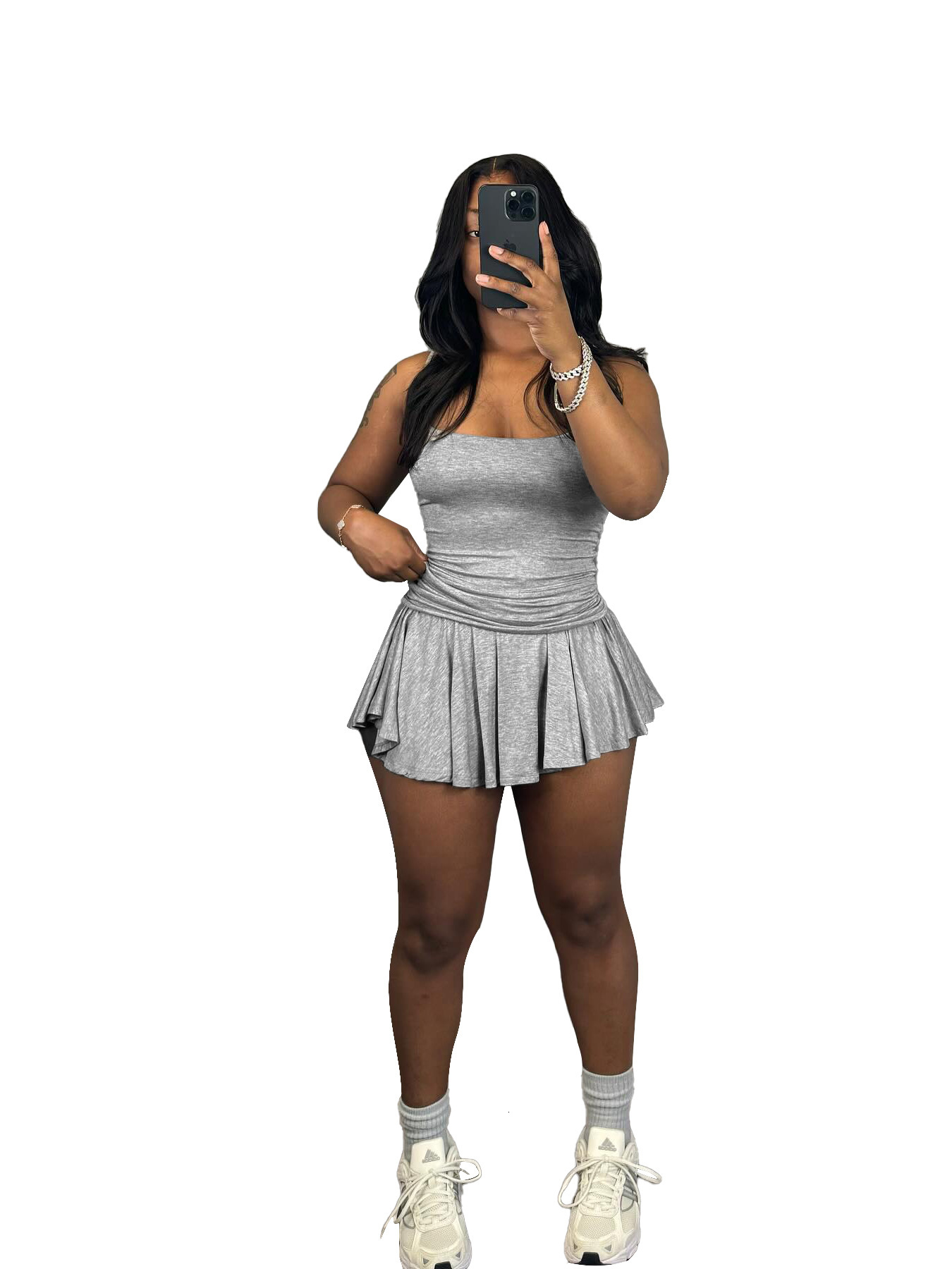 HR24033 Womens sexy and cute tight fitting suspender pleated flared skirt set (with safety pants)