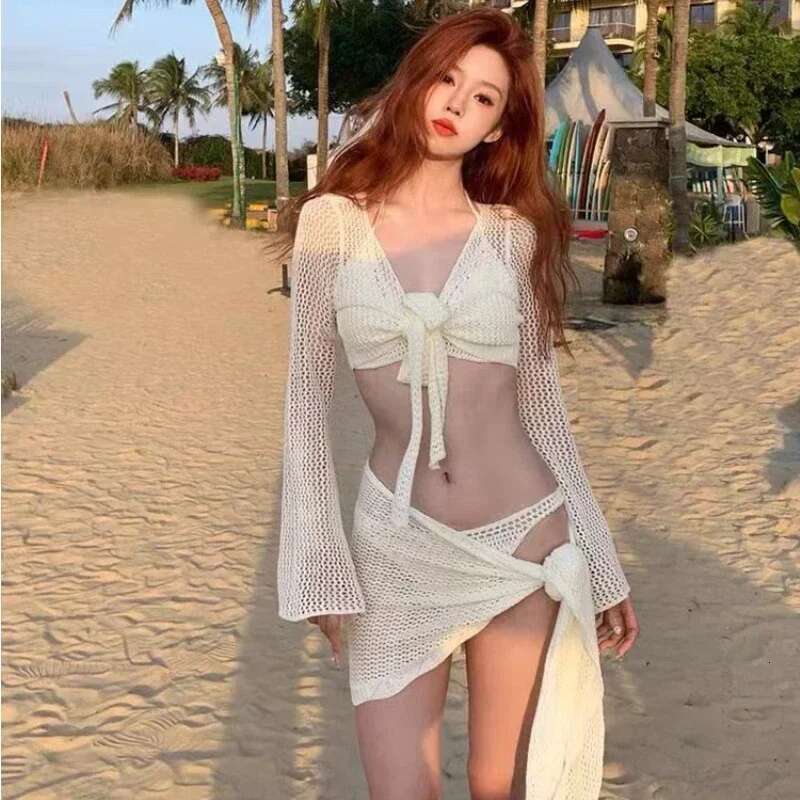Sexy 4 Piece Lace Bikinis Set Women Swimsuit Solid Long Sleeve Cover with Skirt Swimwear New Push Up Bathing Suit Bikini