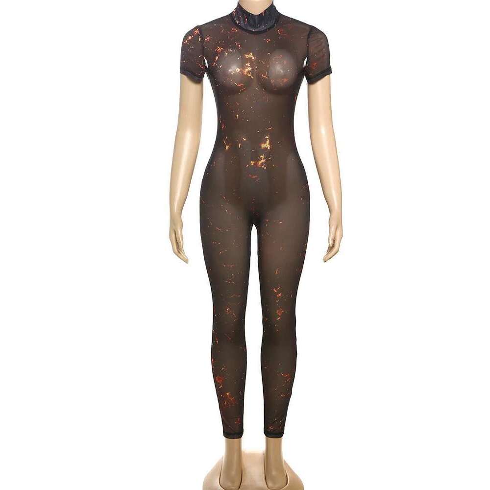 Nibber Colorful Print Jumpsuit Women Mesh See Through Coquette Summer Backless Peach Buttocks Tight Activity Clubwear Overalls
