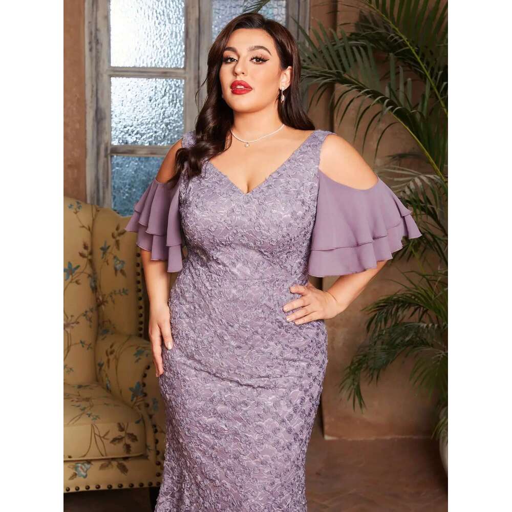 Mgiacy plus sizeV-neck romantic three-dimensional lace patchwork chiffon multi-layer off-the-shoulder sleeve fishtail slim dress