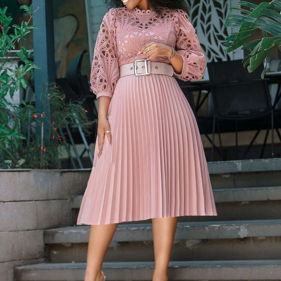 D254 summer oversized lace hook flower sexy hollow out pleated dress